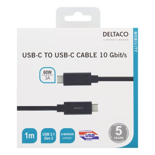DELTACO USBC 3.1 GEN2 10Gbps/3A/E-marker 1m