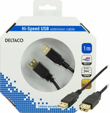 DELTACO USB 2.0 kabel Type A han - Type A hun, guldpletterede stik, le