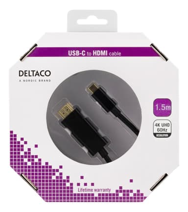 DELTACO USB-C til HDMI-kabel, 1,5 m, 4 k, HDCP 2,2, 3D, sort