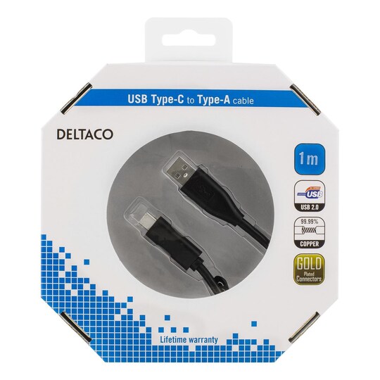 DELTACO USB 2.0-kabel, 1 m, Type C - Type A han, PD-profil 1, sort