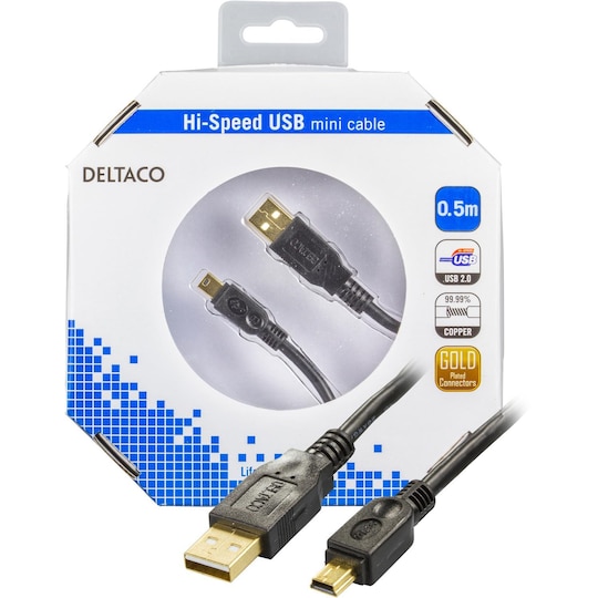 DELTACO USB 2.0 kabel Type A han - Type Mini B han, guldpletterede sti