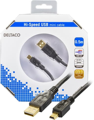 DELTACO USB 2.0 kabel Type A han - Type Mini B han, guldpletterede sti