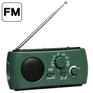 Krankradio / Nødradio / FM-radio med dynamo solpanel og håndsving