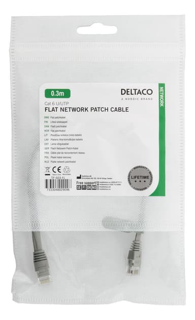 DELTACO U/UTP Cat6 patch cable, flat, 0,3m, Delta-cert, LSZH, gray