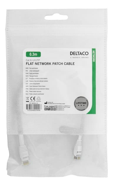 DELTACO U/UTP Cat6 patch cable, flat, 0,3m, Delta-cert, LSZH, white