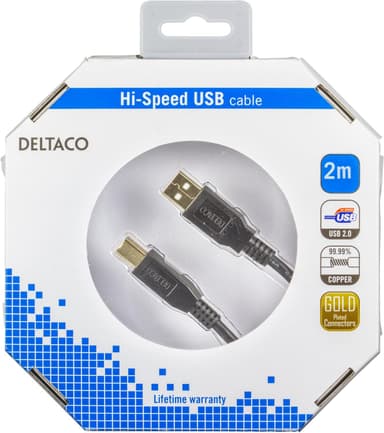 DELTACO, USB 2.0 kabel Type A han - Type B han, guldpletterede stik, l