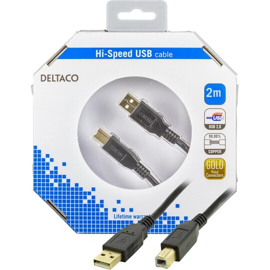 DELTACO, USB 2.0 kabel Type A han - Type B han, guldpletterede stik, l