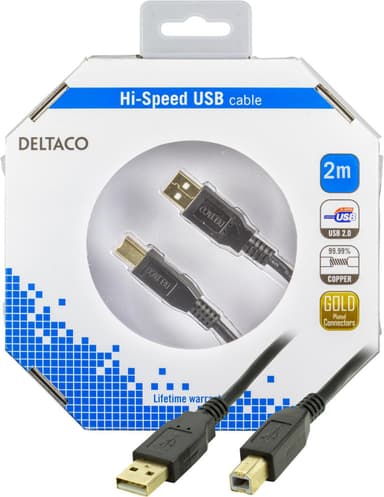 DELTACO, USB 2.0 kabel Type A han - Type B han, guldpletterede stik, l