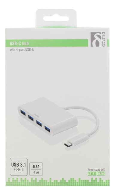 DELTACO USB 3.1 Gen 1 hub, USB-C, 4xUSB Type A, 5V 4,5W 900mA, white