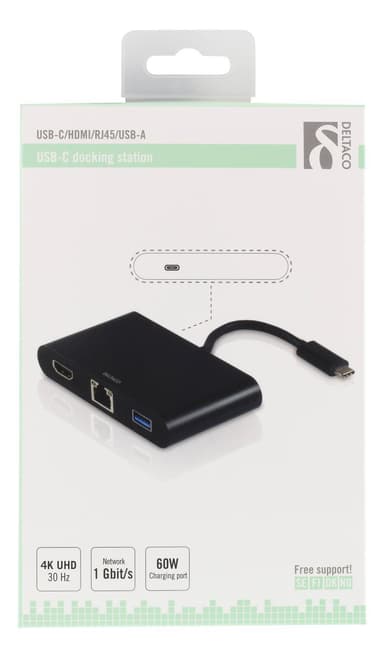 DELTACO USB-C docking station, HDMI, RJ45, 1xUSB A, USB-C PD, black