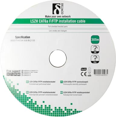 DELTACO F / FTP folie afskærmet opsætningskabel, Cat6a, LSZH, 305m rulle, hvid