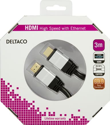DELTACO HDMI-kabel, HDMI High Speed med Ethernet, 4K, 3m, sort