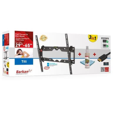 Barkan 3 i 1 Combo: Flad / buet tv-vægbeslag + skærmrens + HDMI-kabel CM310+ vægbeslag, tilt, 29-65", Maksimal vægt (kapacitet) 50 kg, sort