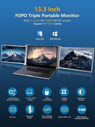 NÖRDIC Dual Portable 13,3"" skærme med teleskopstativ til bærbar 13""-17"", FHD 1080P, Mac/Windows, USB-C og USB-A-forbindelse