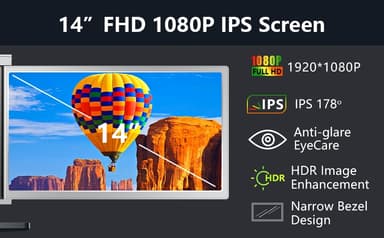 NÖRDIC Bærbar 14"" LCD-skærm til bærbare computere 14-17,3"" FHD 1080P IPS med USB-C og Mini HDMI-port,