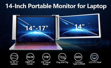 NÖRDIC Bærbar 14"" LCD-skærm til bærbare computere 14-17,3"" FHD 1080P IPS med USB-C og Mini HDMI-port,