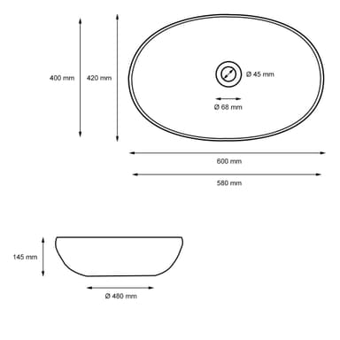 Håndvask oval form uden overløb 600x420x145 mm Hvid keramik