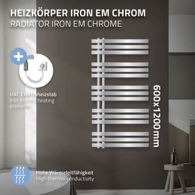 ECD: Tyskland Jern EM radiator Elektrisk 900W - 600 x 1200 mm - Krom