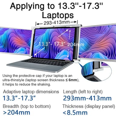 NÖRDIC Dual Portable 13,3"" skærme med teleskopstativ til bærbar 13""-17"", FHD 1080P, Mac/Windows, USB-C og USB-A-forbindelse