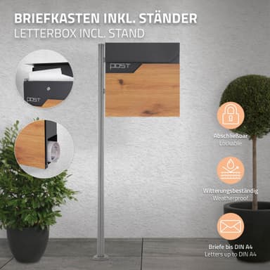 ECD-Germany Postkasse på stativ, 37x37x11 cm, Antracit/Optisk træ