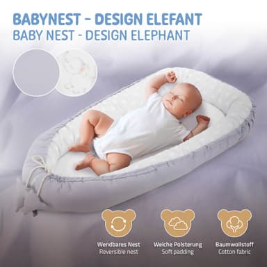 Joyz Babynest, Elefant, lysegrå, 90x50 cm, bomuld, dobbeltsidet