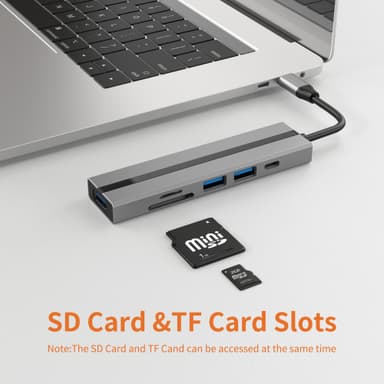 6-i-1 USB C Hub med SD/TF-kortlæser, USB 3.0/2.0-porte, PD 100W