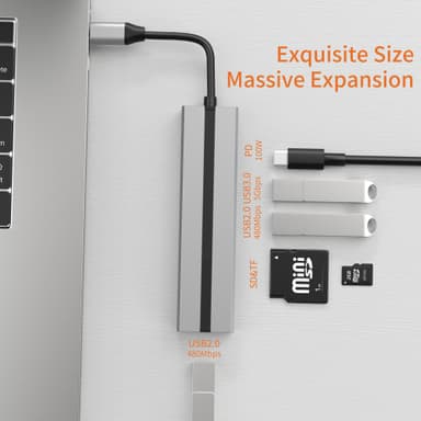 6-i-1 USB C Hub med SD/TF-kortlæser, USB 3.0/2.0-porte, PD 100W