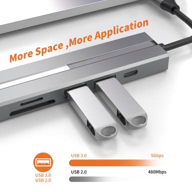 6-i-1 USB C Hub med SD/TF-kortlæser, USB 3.0/2.0-porte, PD 100W
