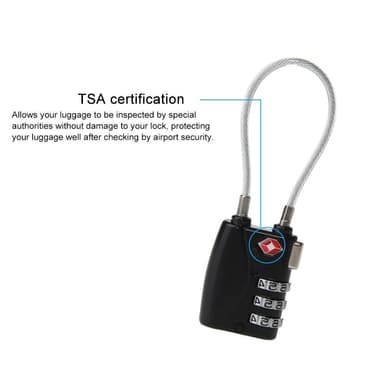 TSA Kombination Wirerope Lås til Lynlås Bagage - Sort