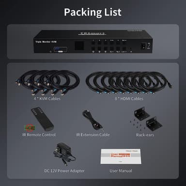HDMI KVM Switch 4 pc til 3 skærme 4K60Hz headset, lydmikrofon, RJ45 LAN