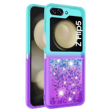 SKALO Samsung Z Flip5 Kvicksand Glitter Hjerter TPU Cover - Turkis-Lilla