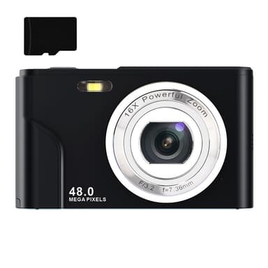 Digitalkamera med 48 MP, HD 1080p, 16x zoom, hukommelseskort Sort