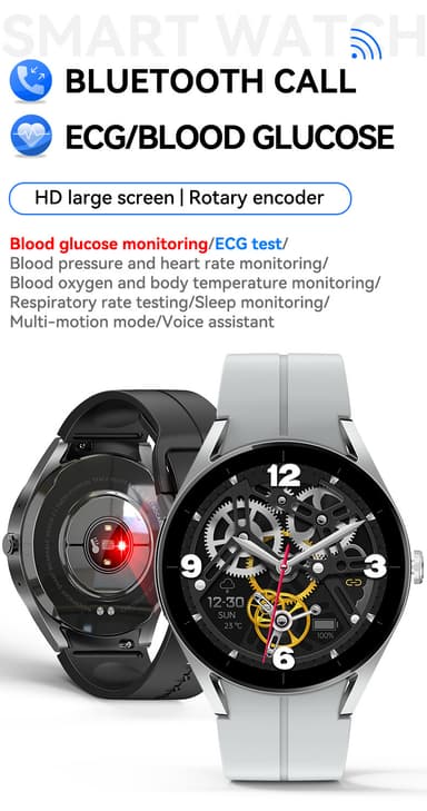 Smartwatch med EKG-hjerteovervågning/Bluetooth-kald/blodsukkermåling Grå