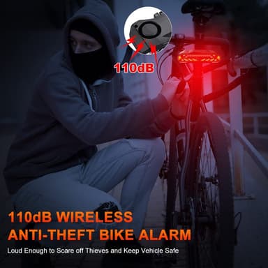 INF Cykelbaglygte med blink, bremselys og cykelalarm 110 dB Sort
