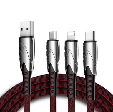 3-i-1 multi-oplader 1,2 m til USB-C, mikro-USB og Lightning - Sort / rød