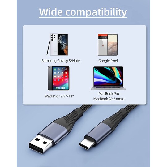 NÖRDIC 2m USB3.2 Gen1 USB-C til A nylonflettet kabel hurtig opladning 3A 5Gbps Strømforsyning PD 60W