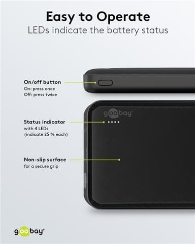 Goobay Powerbank Slimline 10.000 mAh kraftfulde 10.000 mAh i et praktisk og kompakt design med status-LED'er