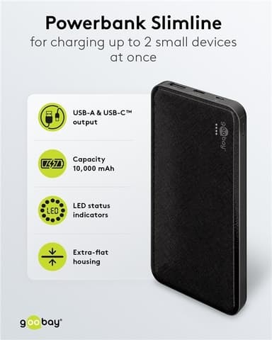 Goobay Powerbank Slimline 10.000 mAh kraftfulde 10.000 mAh i et praktisk og kompakt design med status-LED'er