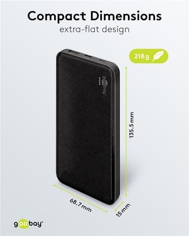 Goobay Powerbank Slimline 10.000 mAh kraftfulde 10.000 mAh i et praktisk og kompakt design med status-LED'er
