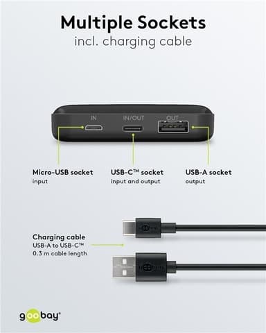 Goobay Powerbank Slimline 10.000 mAh kraftfulde 10.000 mAh i et praktisk og kompakt design med status-LED'er