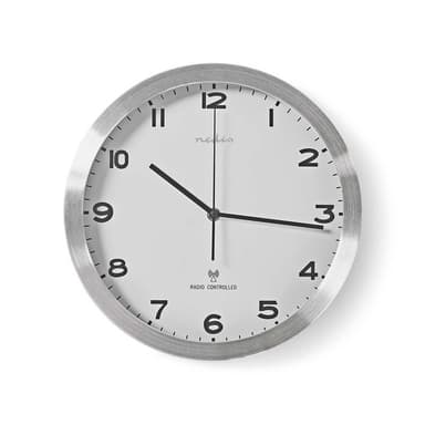 Nedis Vægur | Diameter: 300 mm | Aluminium / Plastik | Radiostyret tid | Hvid / Sølv