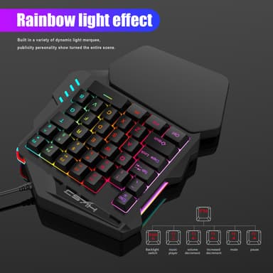 Enhånds gaming-tastatur, tastatur, mus, RGB-baggrundsbelyst håndledsstøtte
