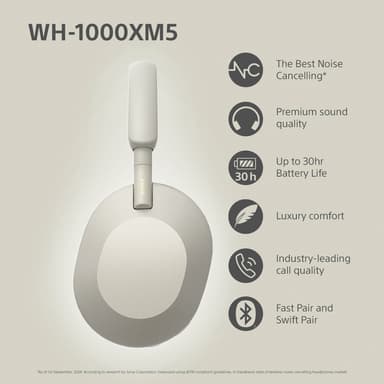 Sony WH-1000XM5 trådløse around-ear høretelefoner (platinum silver)