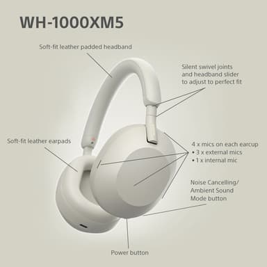 Sony WH-1000XM5 trådløse around-ear høretelefoner (platinum silver)