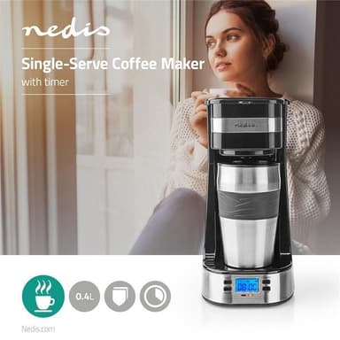 Nedis Kaffemaskine | Filterkaffe | 0.4 l | 1 Kopper | Tænd timer | Sort / Sølv