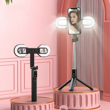 Udtrækkeligt Selfie Stick-stativ med aftageligt U-formet lys Sort