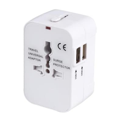 Rejseadapter med 2 USB-porte til USA / UK / EU / AUS Hvid