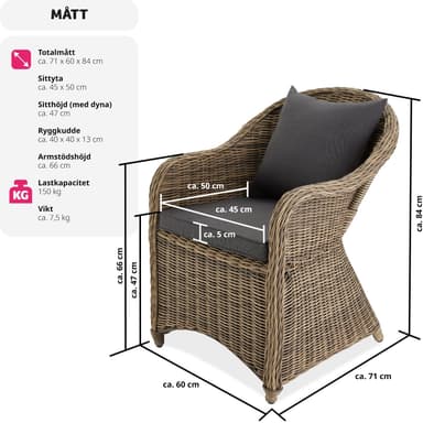 2 polyrattan havestole i aluminium + hynder - natur
