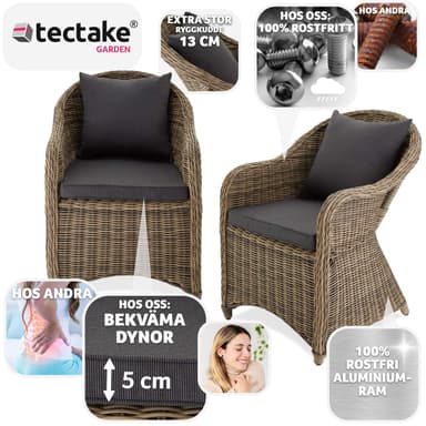 2 polyrattan havestole i aluminium + hynder - natur