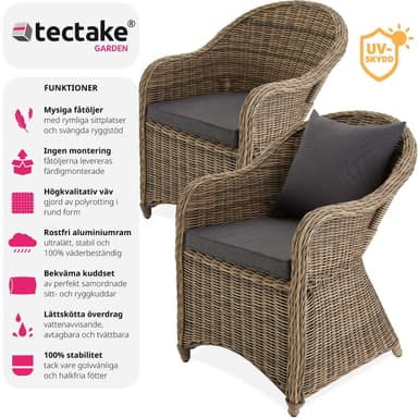 2 polyrattan havestole i aluminium + hynder - natur